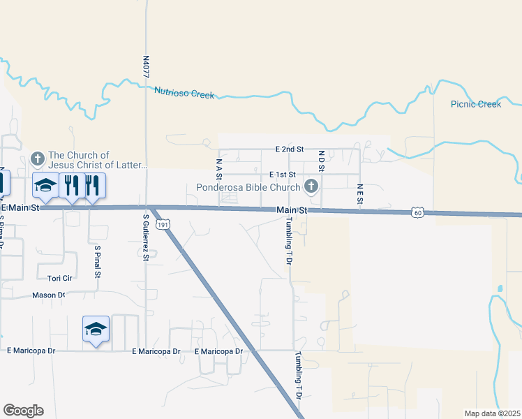 map of restaurants, bars, coffee shops, grocery stores, and more near Main Street in Springerville