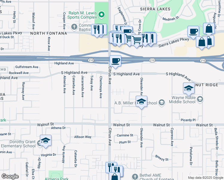 map of restaurants, bars, coffee shops, grocery stores, and more near 16124 Lumia Way in Fontana