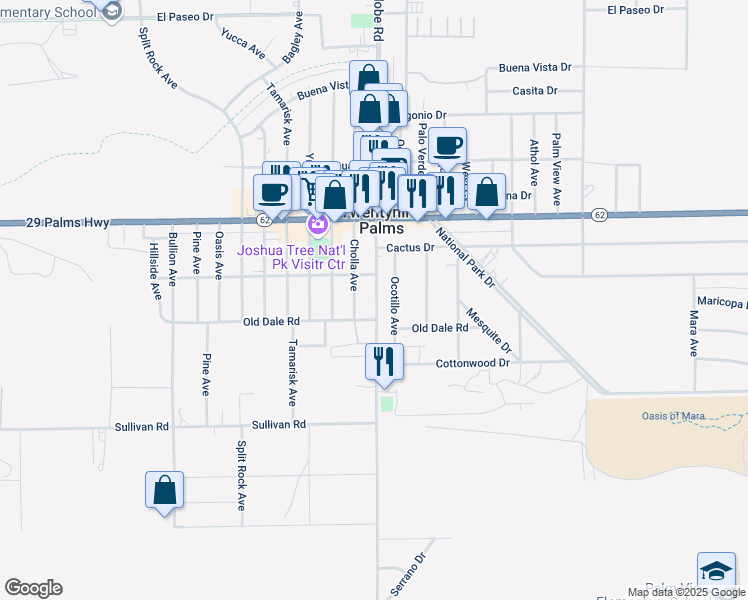 map of restaurants, bars, coffee shops, grocery stores, and more near 6664 Adobe Road in Twentynine Palms