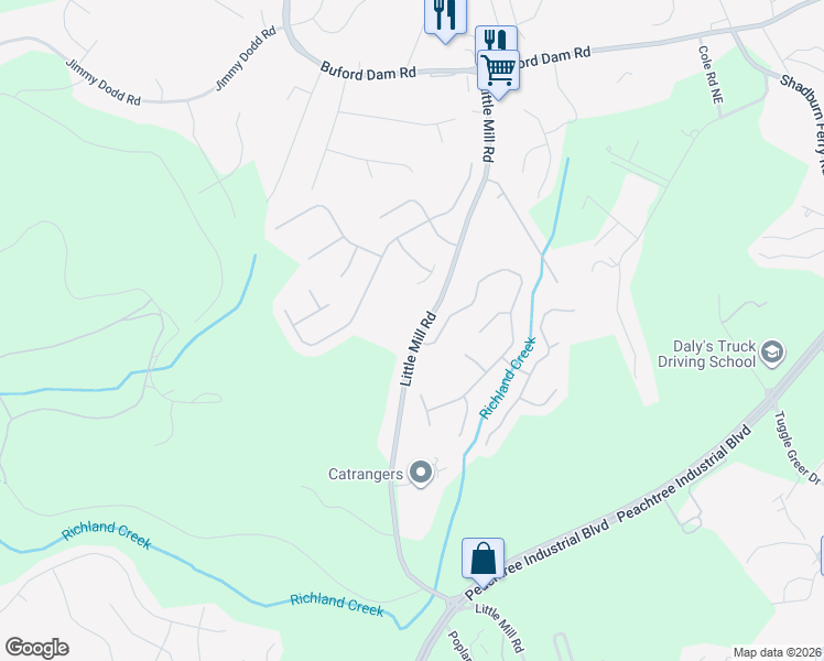 map of restaurants, bars, coffee shops, grocery stores, and more near 5548 Little Mill Road in Buford