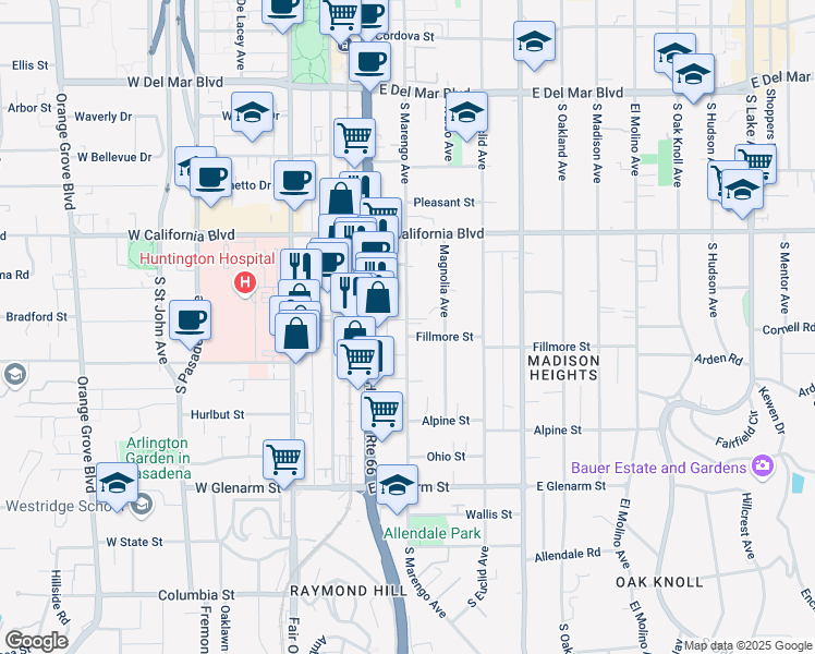map of restaurants, bars, coffee shops, grocery stores, and more near South Marengo Avenue in Pasadena