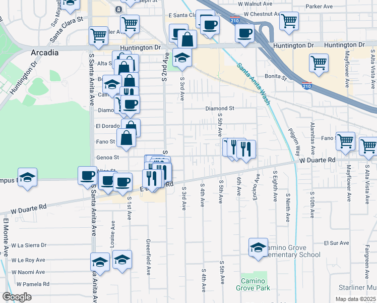 map of restaurants, bars, coffee shops, grocery stores, and more near 309 Genoa Street in Arcadia