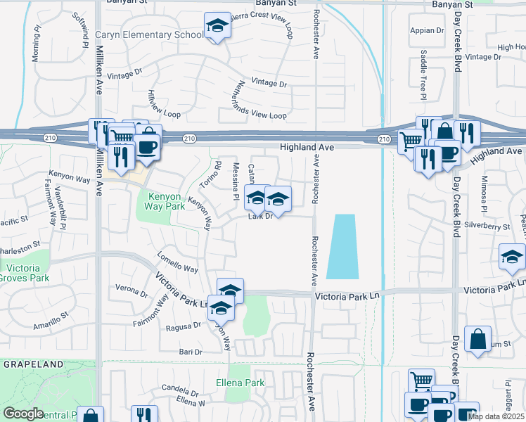 map of restaurants, bars, coffee shops, grocery stores, and more near 11855 Modena Drive in Rancho Cucamonga