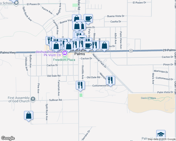 map of restaurants, bars, coffee shops, grocery stores, and more near Palo Verde Avenue in Twentynine Palms