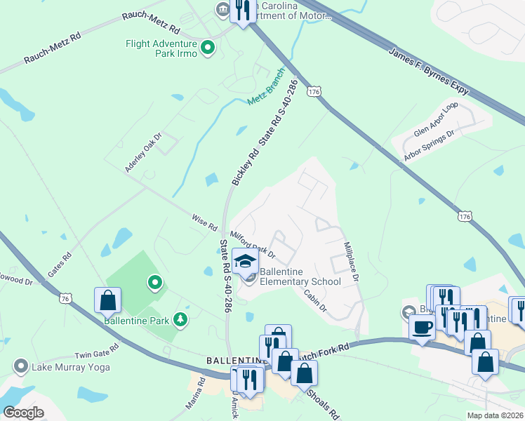 map of restaurants, bars, coffee shops, grocery stores, and more near 200 Blue Mountain Drive in Irmo