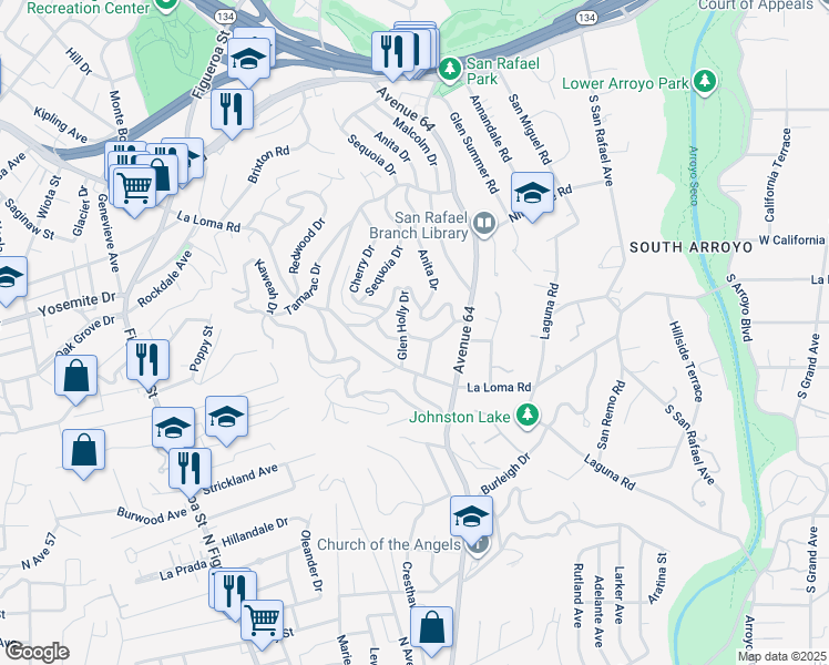 map of restaurants, bars, coffee shops, grocery stores, and more near 1457 Cheviotdale Drive in Pasadena