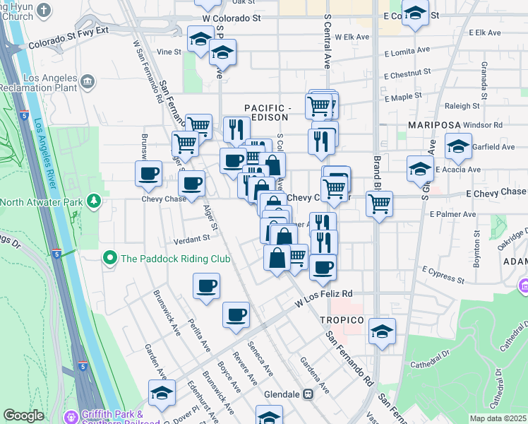 map of restaurants, bars, coffee shops, grocery stores, and more near 4400 San Fernando Road in Glendale