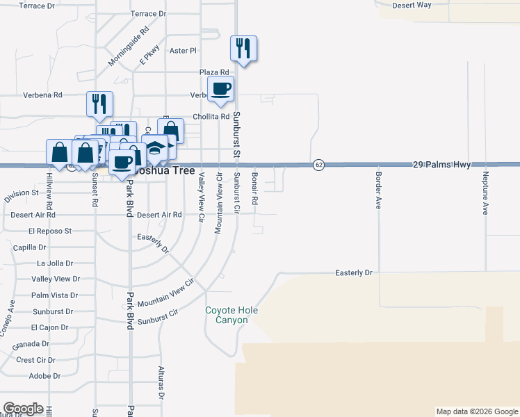map of restaurants, bars, coffee shops, grocery stores, and more near 62005 Bonair Road in Joshua Tree