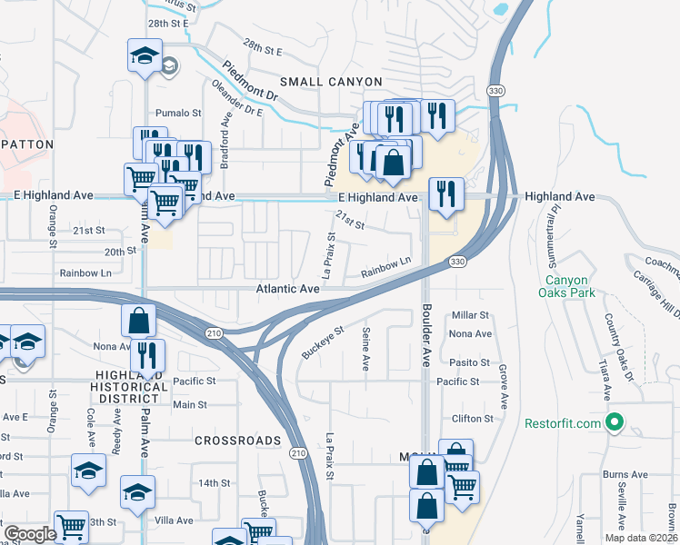map of restaurants, bars, coffee shops, grocery stores, and more near 6678 Seine Avenue in Highland