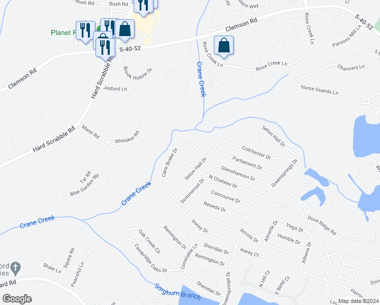 map of restaurants, bars, coffee shops, grocery stores, and more near 165 Cane Brake Circle in Columbia