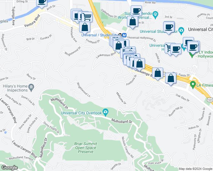 map of restaurants, bars, coffee shops, grocery stores, and more near 3795 Fredonia Drive in Los Angeles