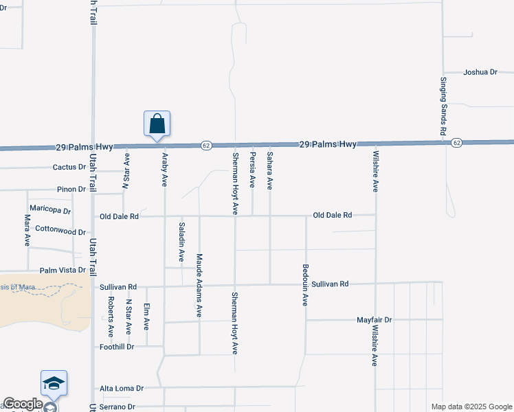 map of restaurants, bars, coffee shops, grocery stores, and more near 6673 Persia Avenue in Twentynine Palms