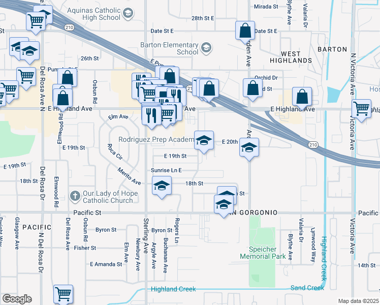 map of restaurants, bars, coffee shops, grocery stores, and more near 2194 East 19th Street in San Bernardino