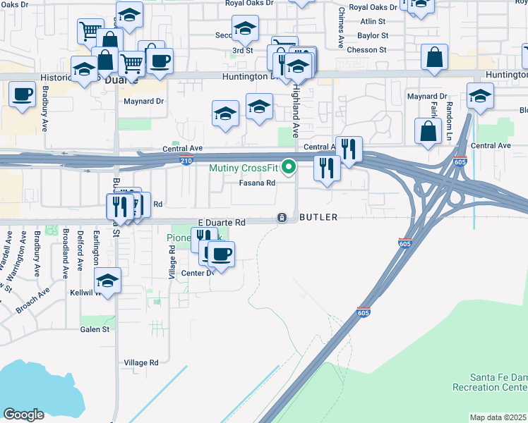 map of restaurants, bars, coffee shops, grocery stores, and more near 1801 Highland Avenue in Duarte