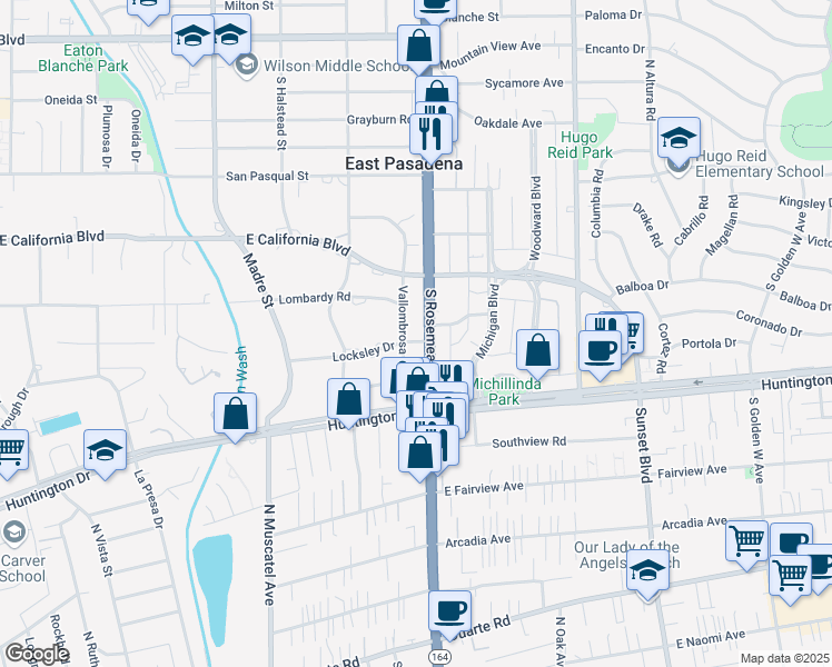 map of restaurants, bars, coffee shops, grocery stores, and more near 3675 Locksley Drive in Pasadena