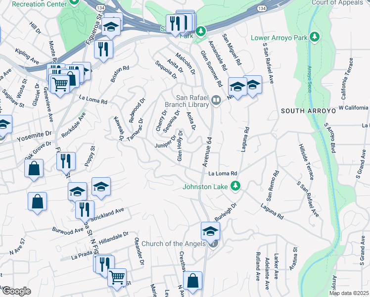 map of restaurants, bars, coffee shops, grocery stores, and more near 1457 Cheviotdale Drive in Pasadena