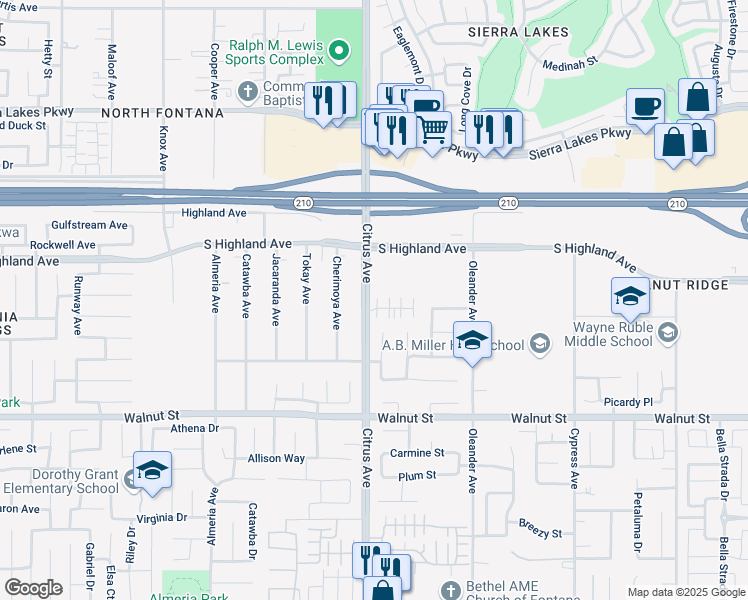 map of restaurants, bars, coffee shops, grocery stores, and more near 16128 Lumia Way in Fontana