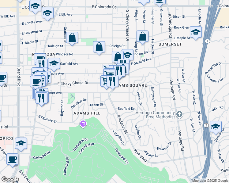 map of restaurants, bars, coffee shops, grocery stores, and more near 1120 South Adams Street in Glendale
