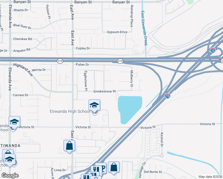 map of restaurants, bars, coffee shops, grocery stores, and more near 13548 Smokestone Street in Rancho Cucamonga