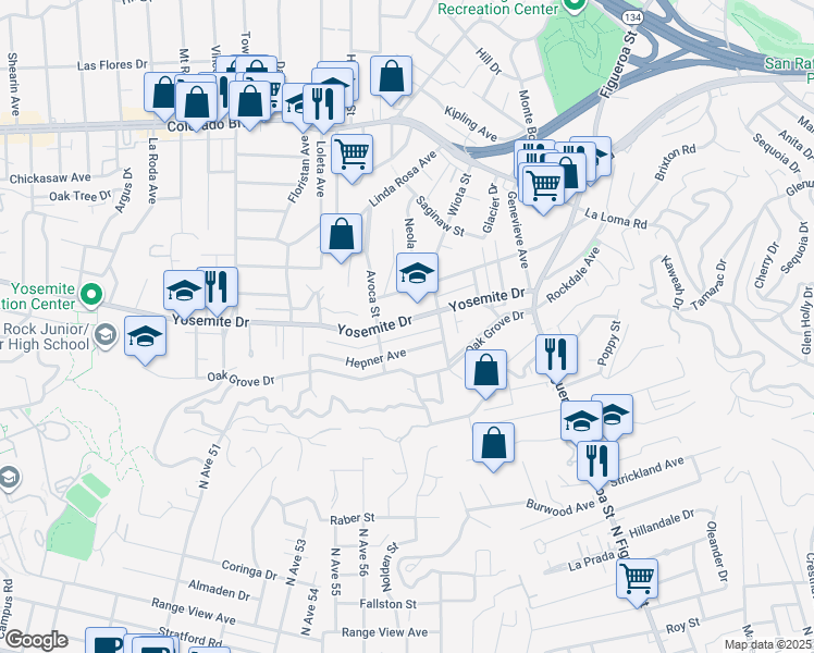 map of restaurants, bars, coffee shops, grocery stores, and more near 1336 Yosemite Drive in Los Angeles