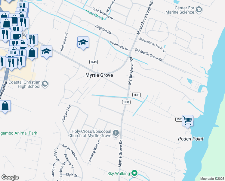 map of restaurants, bars, coffee shops, grocery stores, and more near 1050 Piner Road in Wilmington