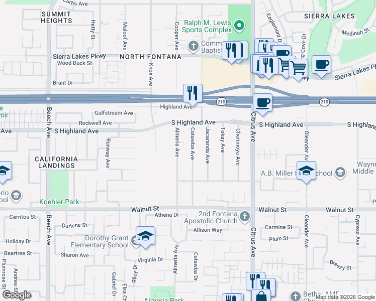map of restaurants, bars, coffee shops, grocery stores, and more near 6688 Catawba Avenue in Fontana