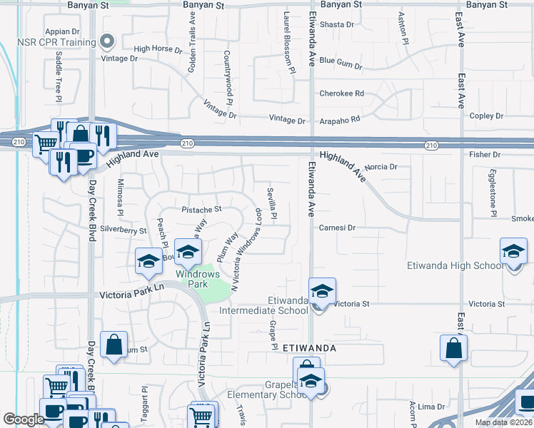 map of restaurants, bars, coffee shops, grocery stores, and more near 12764 Basil Street in Rancho Cucamonga