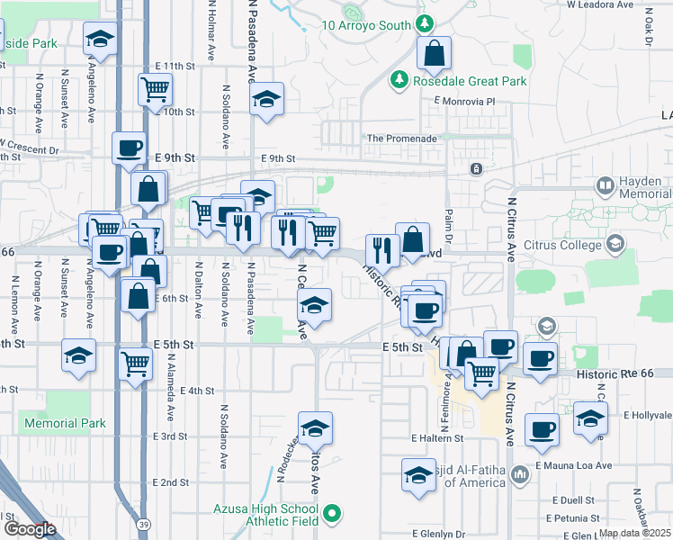 map of restaurants, bars, coffee shops, grocery stores, and more near 641 Glenfinnan Avenue in Azusa