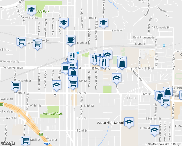 map of restaurants, bars, coffee shops, grocery stores, and more near 620 North Dalton Avenue in Azusa