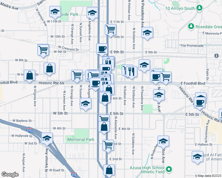 map of restaurants, bars, coffee shops, grocery stores, and more near in Azusa
