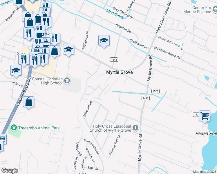 map of restaurants, bars, coffee shops, grocery stores, and more near 5614 Myrtle Grove Road in Wilmington