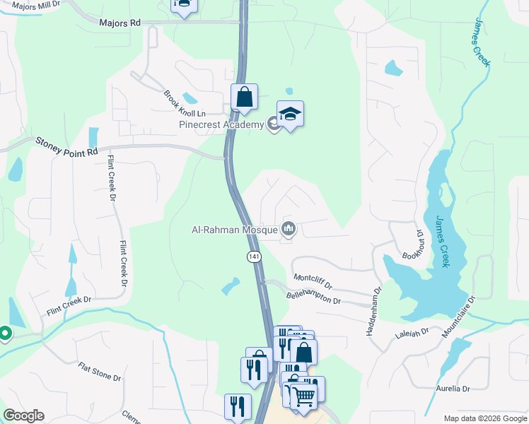 map of restaurants, bars, coffee shops, grocery stores, and more near 1425 Vinery Avenue in Cumming