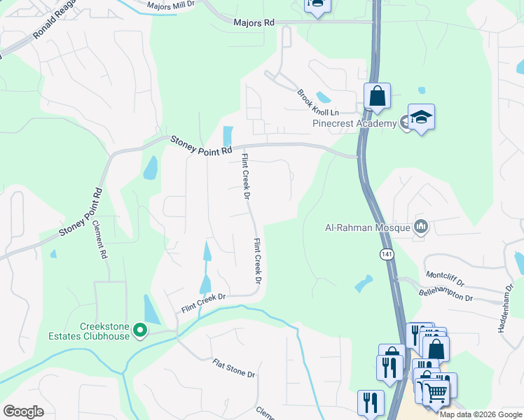 map of restaurants, bars, coffee shops, grocery stores, and more near 2490 Flint Creek Drive in Cumming