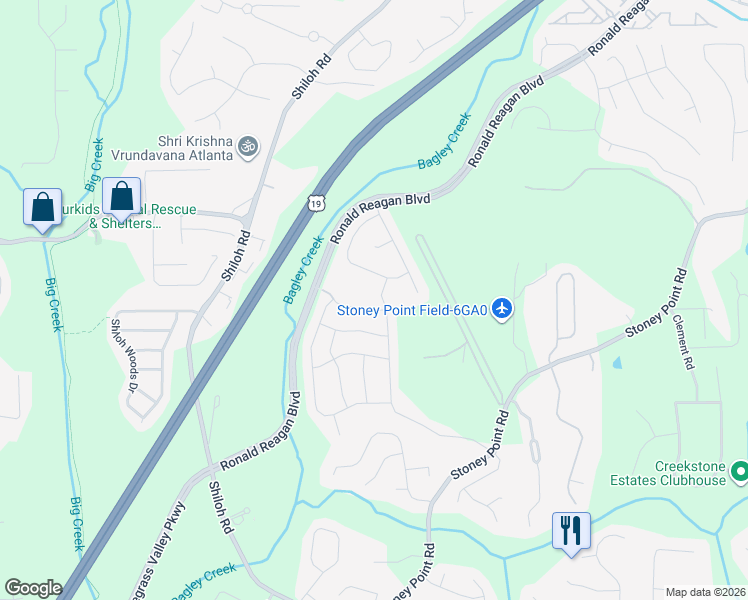 map of restaurants, bars, coffee shops, grocery stores, and more near 2725 Monet Drive in Cumming