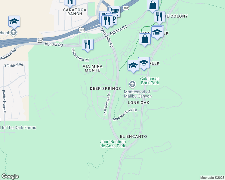 map of restaurants, bars, coffee shops, grocery stores, and more near 4010 Lost Springs Drive in Calabasas