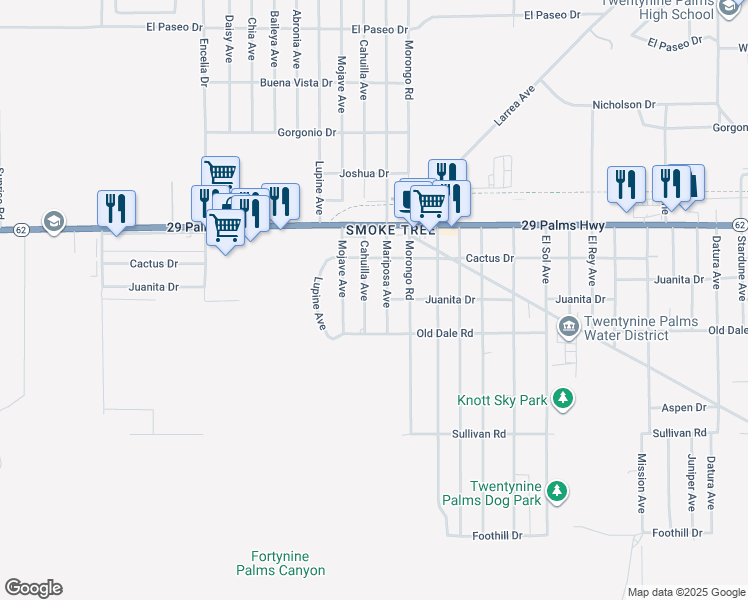 map of restaurants, bars, coffee shops, grocery stores, and more near 6631 Cahuilla Avenue in Twentynine Palms