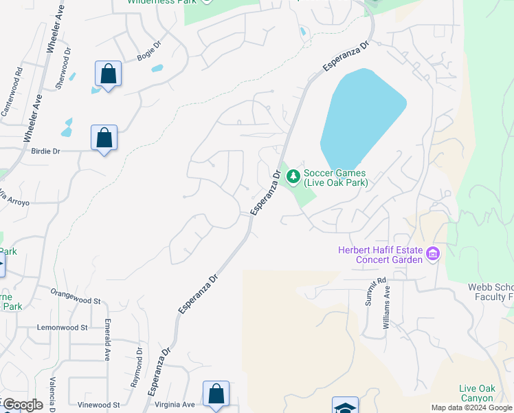 map of restaurants, bars, coffee shops, grocery stores, and more near Esperanza Drive in La Verne
