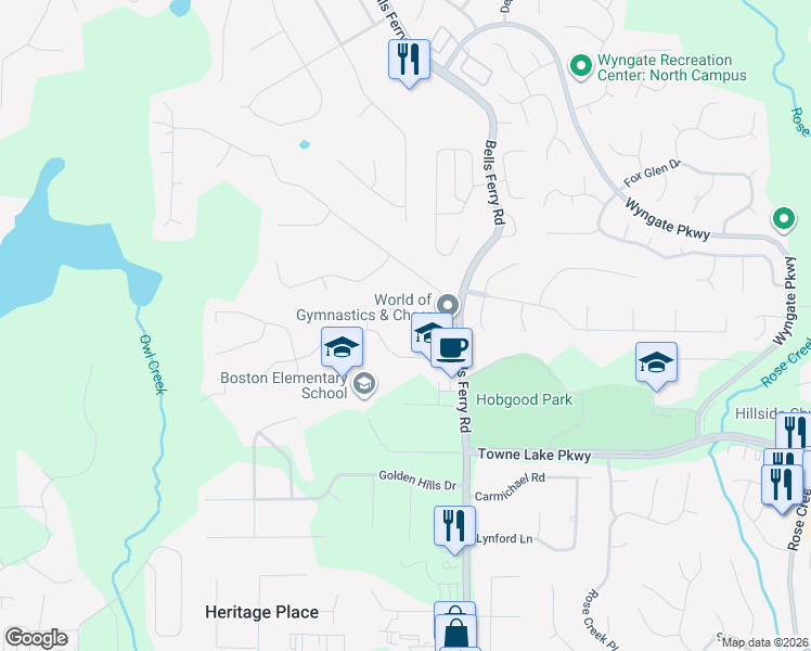 map of restaurants, bars, coffee shops, grocery stores, and more near 206 Powers Court in Woodstock