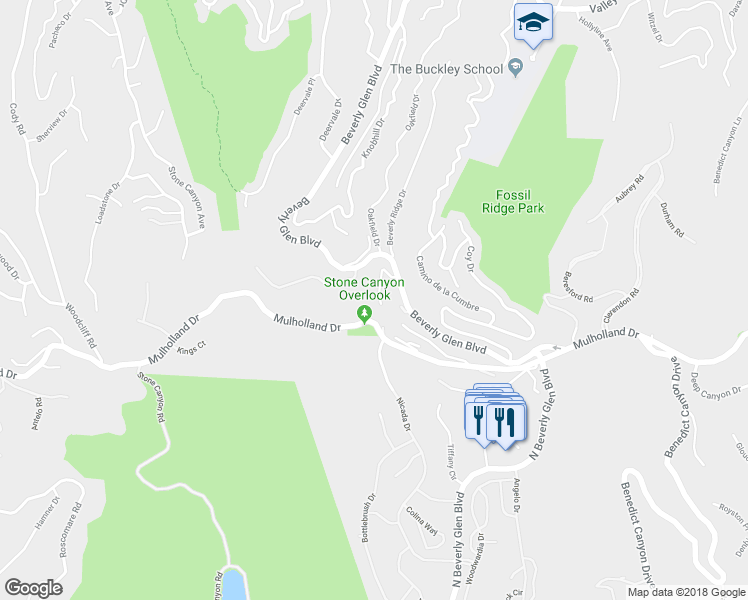 map of restaurants, bars, coffee shops, grocery stores, and more near 14513 Mulholland Drive in Los Angeles