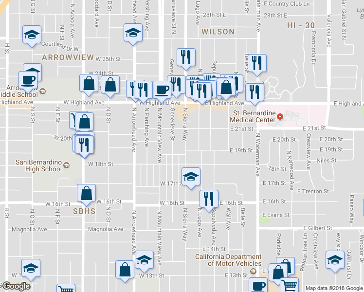 map of restaurants, bars, coffee shops, grocery stores, and more near 1980 North Sierra Way in San Bernardino