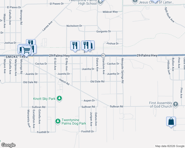 map of restaurants, bars, coffee shops, grocery stores, and more near 6646 Juniper Avenue in Twentynine Palms
