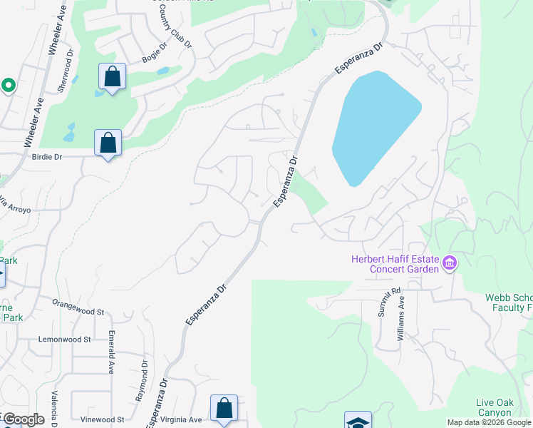 map of restaurants, bars, coffee shops, grocery stores, and more near Esperanza Drive in La Verne