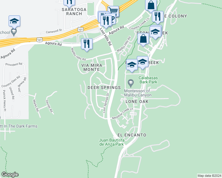 map of restaurants, bars, coffee shops, grocery stores, and more near 4010 Lost Springs Drive in Calabasas