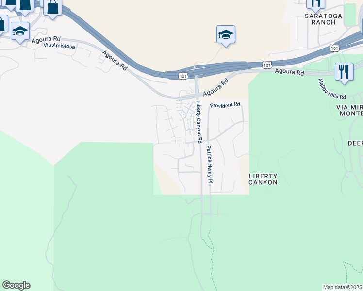 map of restaurants, bars, coffee shops, grocery stores, and more near 27515 Freetown Lane in Agoura Hills