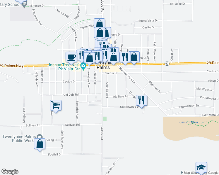 map of restaurants, bars, coffee shops, grocery stores, and more near 6659 Ocotillo Avenue in Twentynine Palms