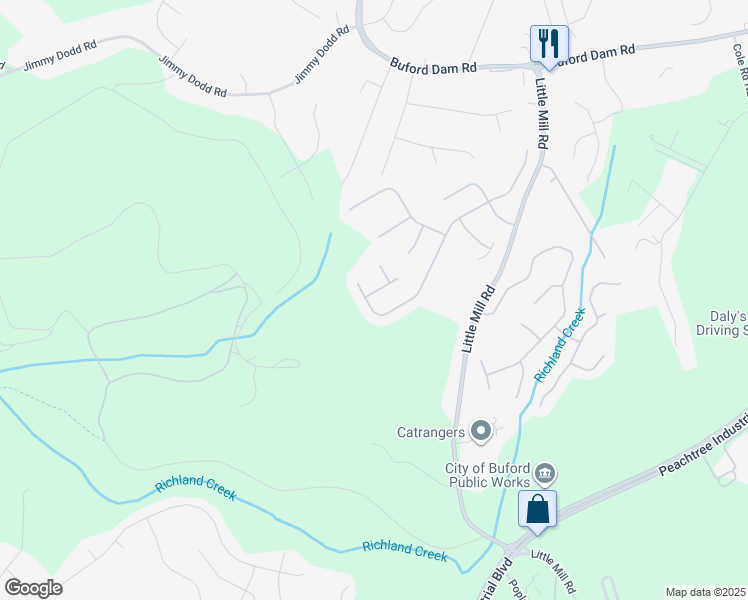 map of restaurants, bars, coffee shops, grocery stores, and more near 1645 Patrick Mill Place Northeast in Buford