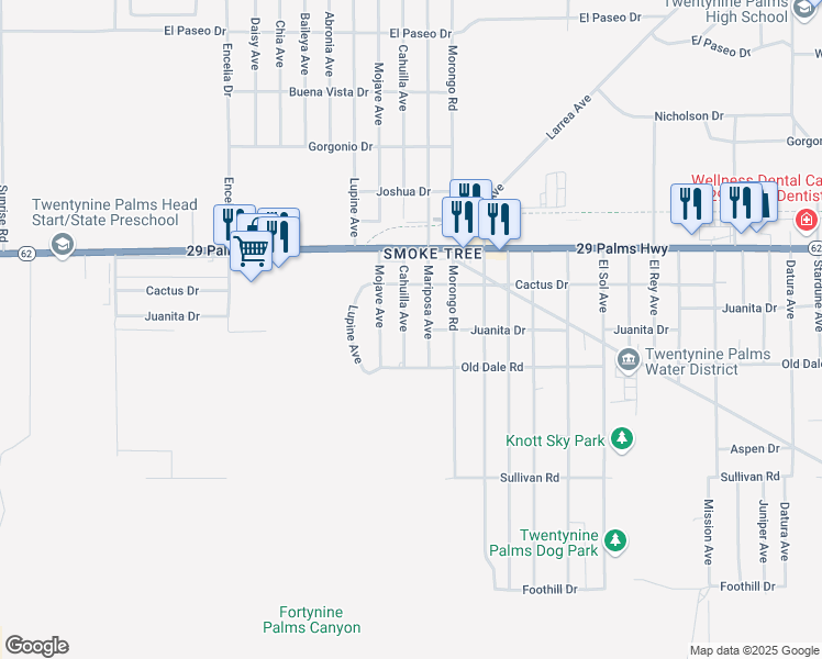 map of restaurants, bars, coffee shops, grocery stores, and more near 6631 Cahuilla Avenue in Twentynine Palms