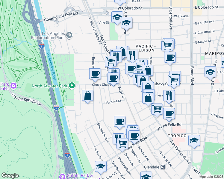 map of restaurants, bars, coffee shops, grocery stores, and more near 4413 La Clede Avenue in Los Angeles