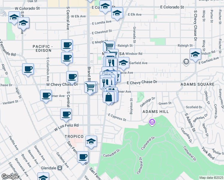 map of restaurants, bars, coffee shops, grocery stores, and more near 402 East Palmer Avenue in Glendale