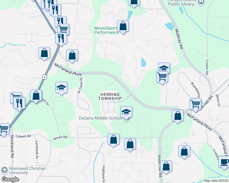 map of restaurants, bars, coffee shops, grocery stores, and more near 760 Township Circle in Alpharetta